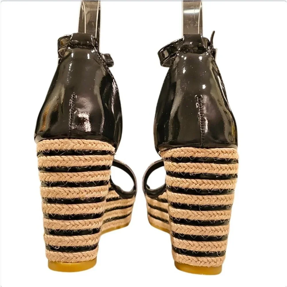 Black Patent Leather Espadrille Wedge Sandals With Ankle Strap & Buckle